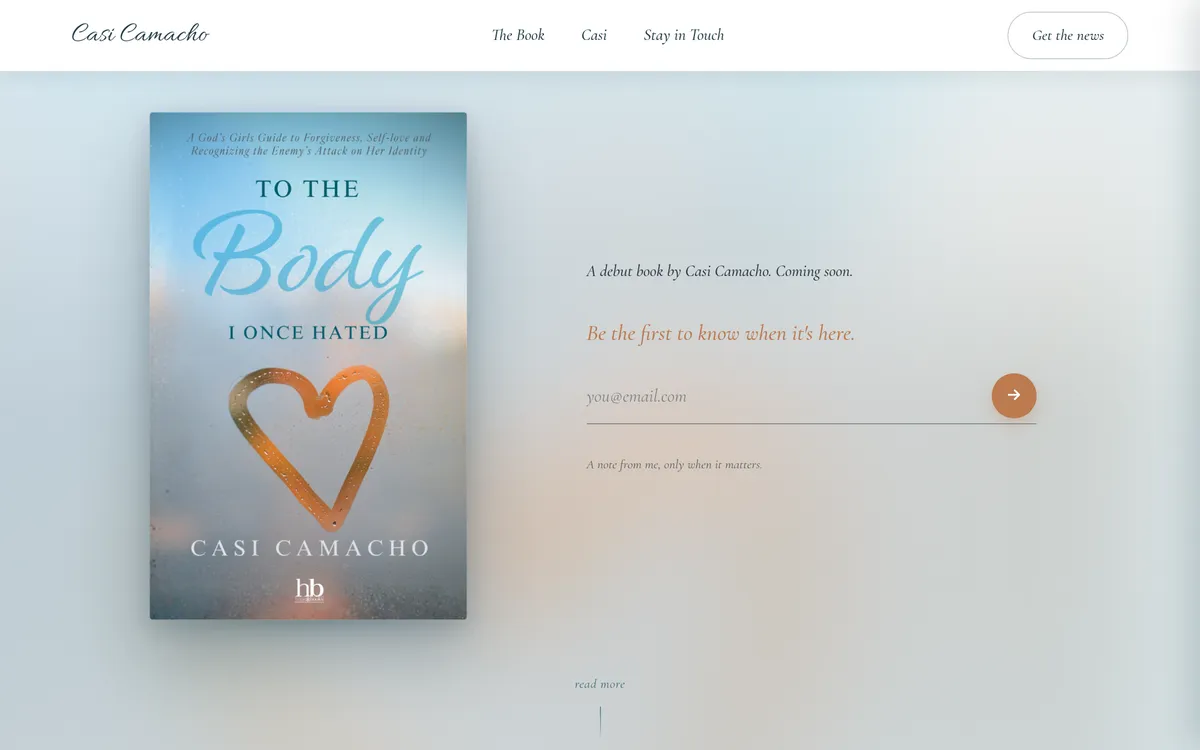Casi Camacho author site hero, a book launch and email capture build by Cross Designs