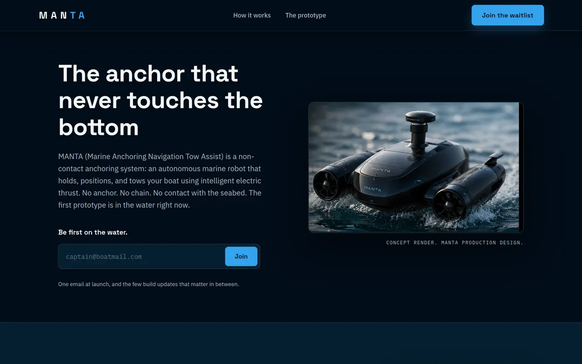 Manta Systems homepage hero, a dark render-driven product launch site built by Cross Designs