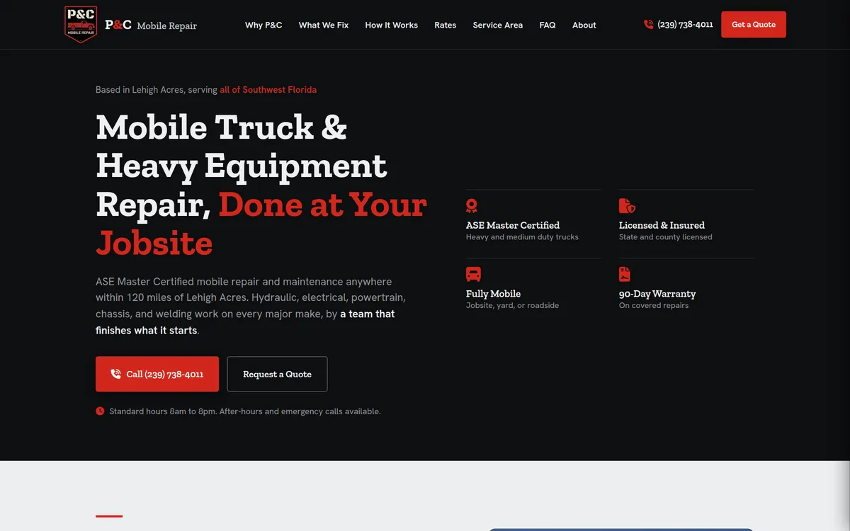 P&C Mobile Repair homepage hero, a 50-page local SEO build by Cross Designs
