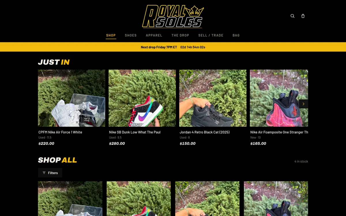 Royal Soles storefront hero, a Shopify sneaker shop customized by Cross Designs